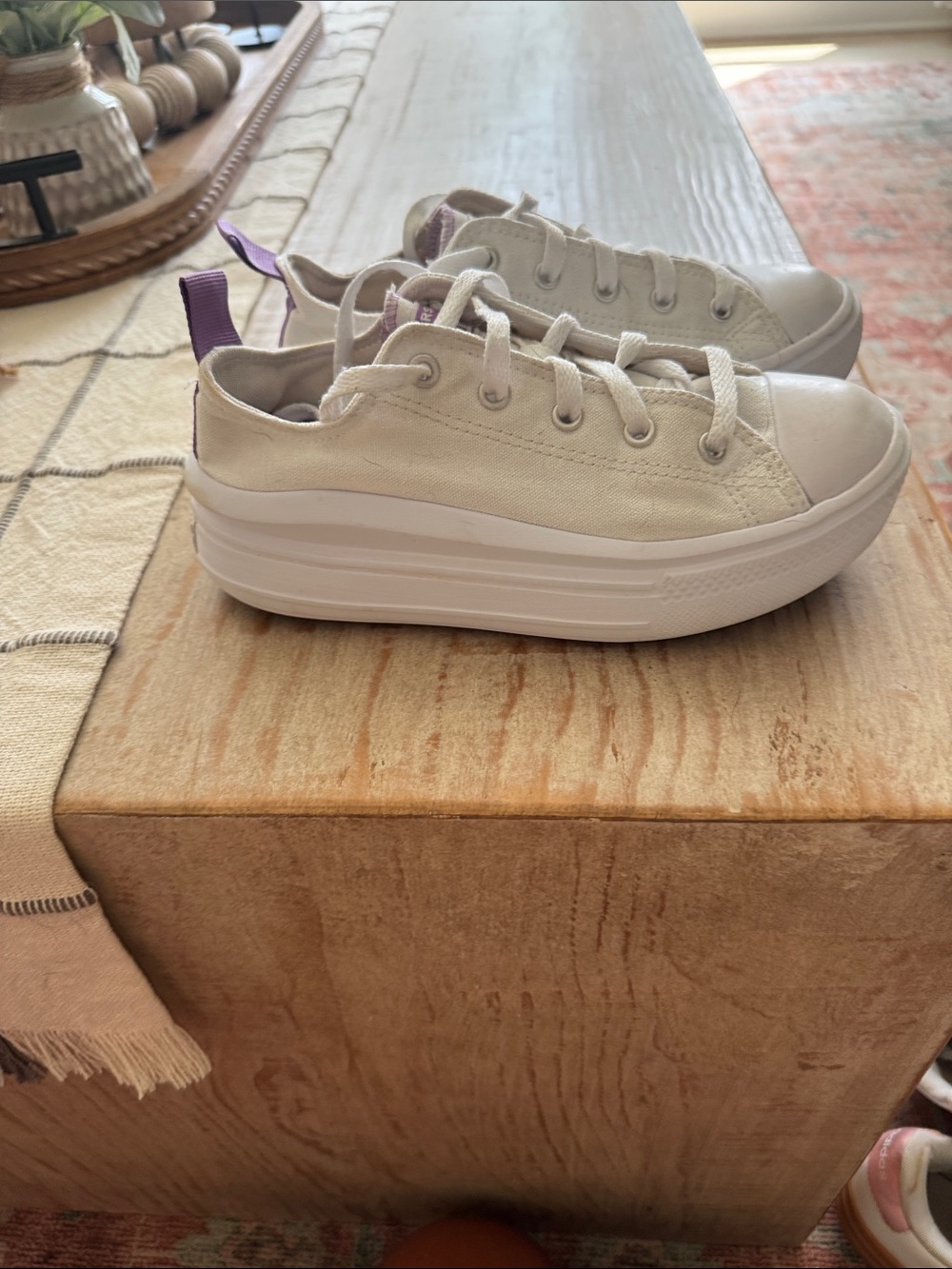 Converse Low-Top Platform Sneakers — White with Purple Pull Tab